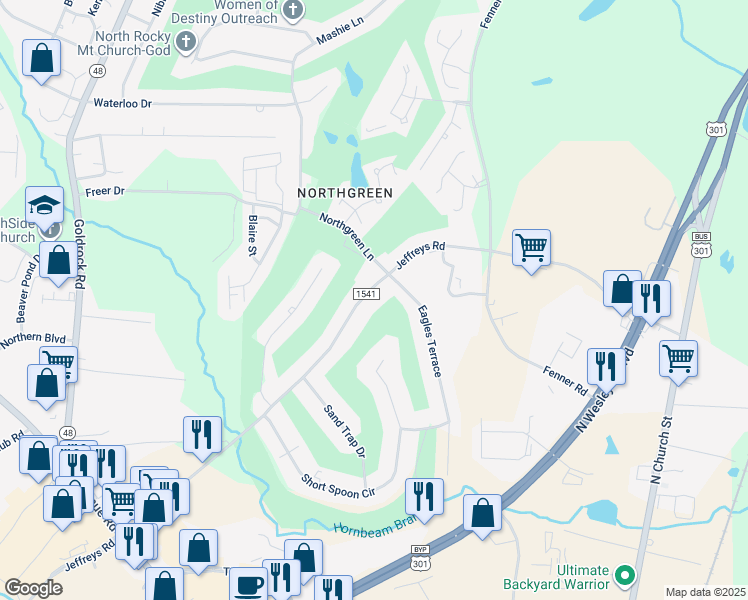 map of restaurants, bars, coffee shops, grocery stores, and more near 809 Jeffreys Road in Rocky Mount