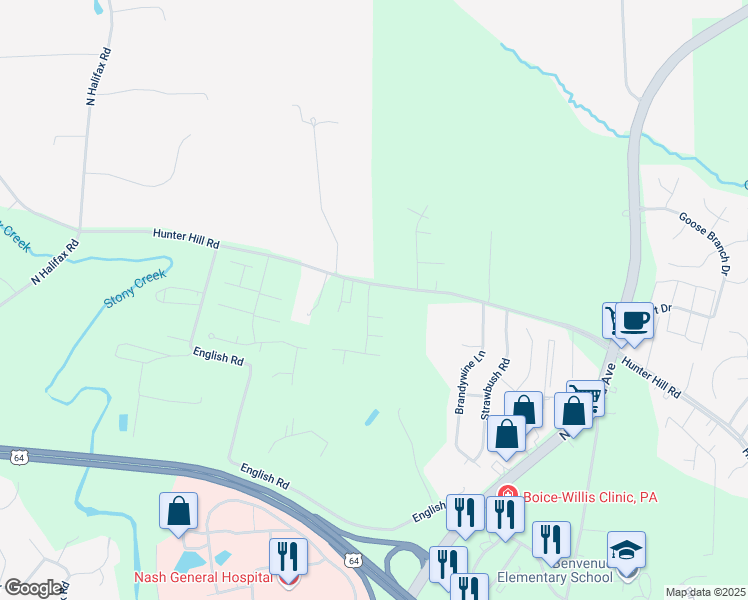 map of restaurants, bars, coffee shops, grocery stores, and more near 1109 Rosebud Drive in Rocky Mount