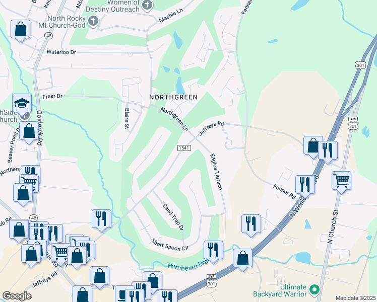 map of restaurants, bars, coffee shops, grocery stores, and more near 809 Jeffreys Road in Rocky Mount