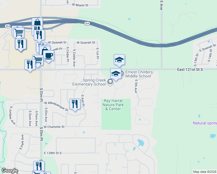 map of restaurants, bars, coffee shops, grocery stores, and more near 6801 South 3rd Street in Broken Arrow
