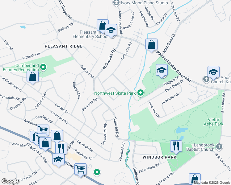 map of restaurants, bars, coffee shops, grocery stores, and more near 3215 Lineback Road Northwest in Knoxville