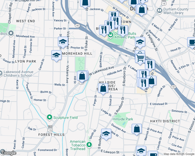 map of restaurants, bars, coffee shops, grocery stores, and more near 800 Fargo Street in Durham