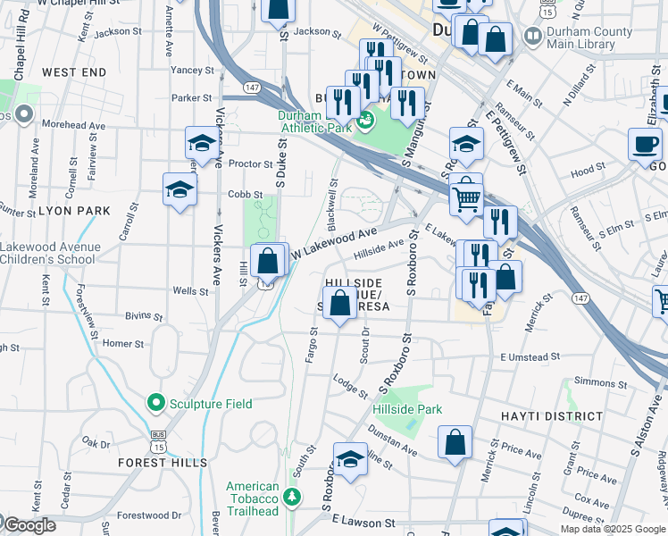 map of restaurants, bars, coffee shops, grocery stores, and more near 802 South Street in Durham