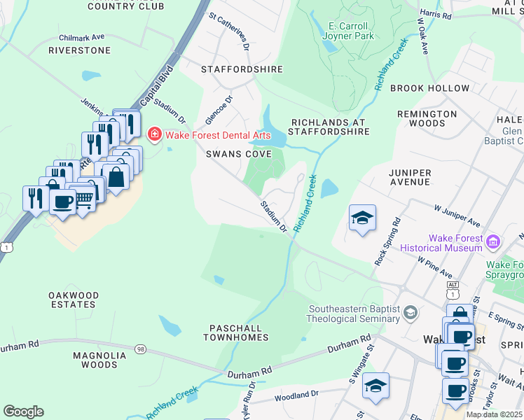 map of restaurants, bars, coffee shops, grocery stores, and more near 729 Stadium Drive in Wake Forest