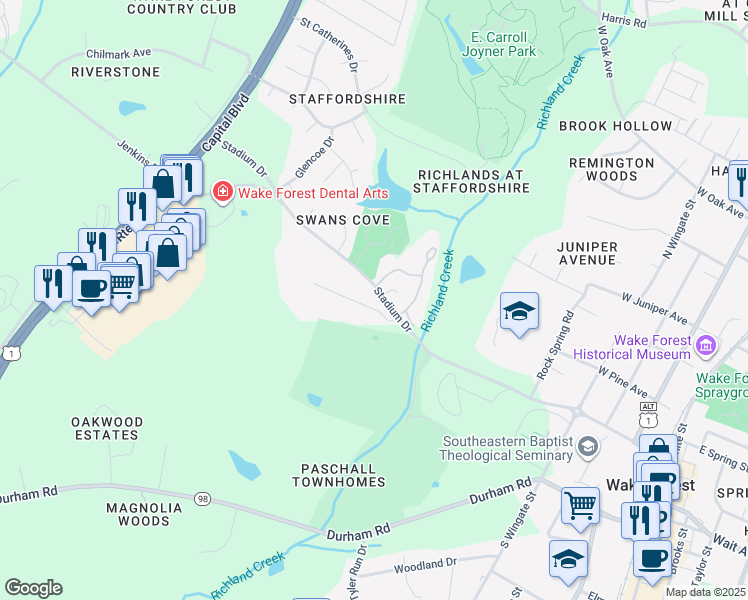 map of restaurants, bars, coffee shops, grocery stores, and more near 729 Stadium Drive in Wake Forest