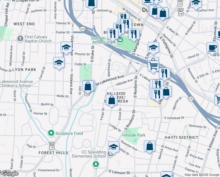 map of restaurants, bars, coffee shops, grocery stores, and more near 802 South Street in Durham