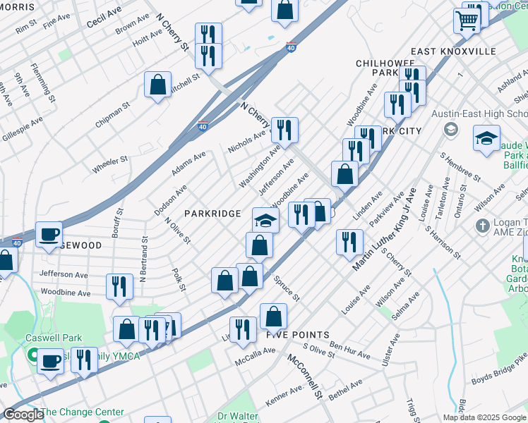 map of restaurants, bars, coffee shops, grocery stores, and more near 522 North Chestnut Street in Knoxville