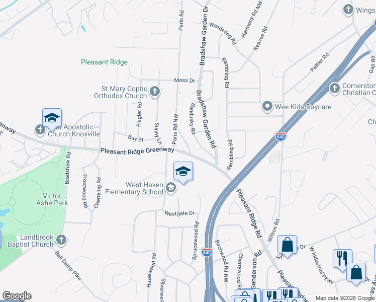 map of restaurants, bars, coffee shops, grocery stores, and more near 2228 Madison Road Northwest in Knoxville