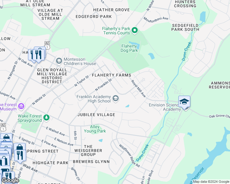 map of restaurants, bars, coffee shops, grocery stores, and more near 630 Flaherty Avenue in Wake Forest