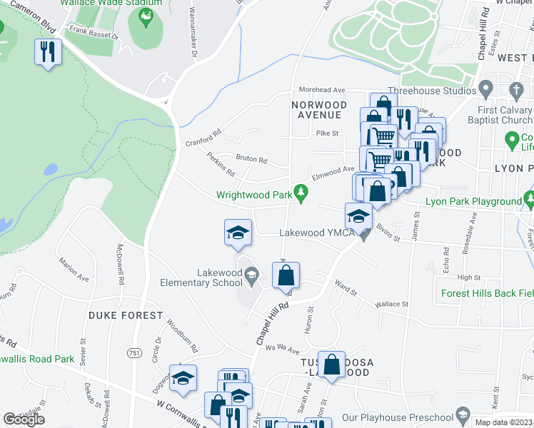 map of restaurants, bars, coffee shops, grocery stores, and more near 2413 Wrightwood Avenue in Durham