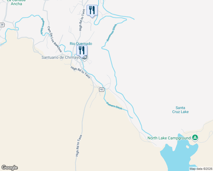 map of restaurants, bars, coffee shops, grocery stores, and more near 15 Santa Cruz Dam Road in Chimayo