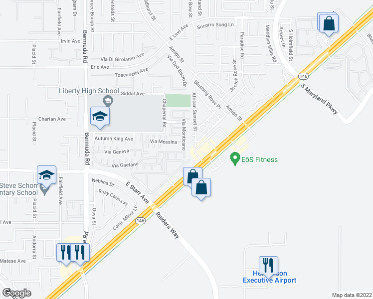 map of restaurants, bars, coffee shops, grocery stores, and more near 1168 Via Monticano in Henderson