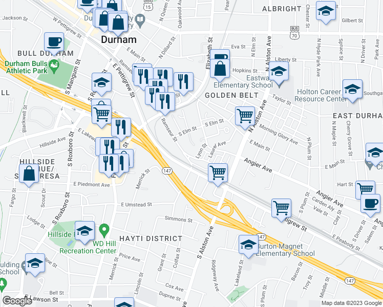 map of restaurants, bars, coffee shops, grocery stores, and more near 929 Ramseur Street in Durham