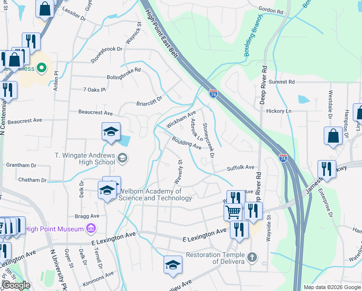map of restaurants, bars, coffee shops, grocery stores, and more near 1912 Boulding Avenue in High Point