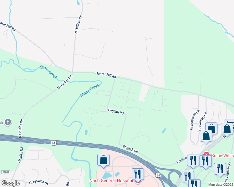 map of restaurants, bars, coffee shops, grocery stores, and more near 6908 Moss Creek Way in Rocky Mount