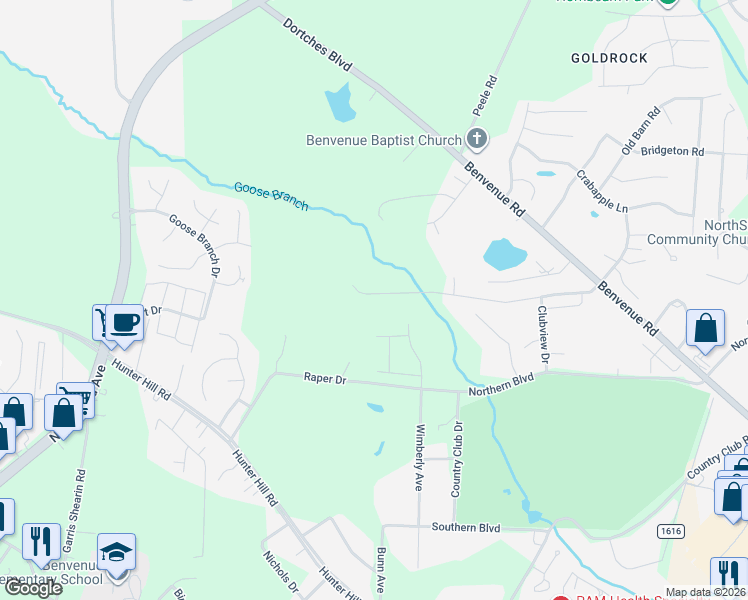 map of restaurants, bars, coffee shops, grocery stores, and more near 1719-1725 Bridgewood Road in Rocky Mount