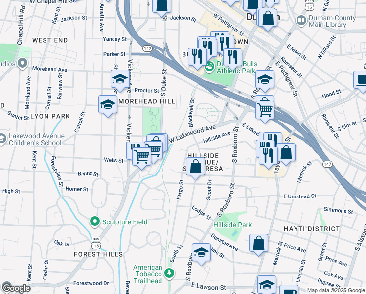 map of restaurants, bars, coffee shops, grocery stores, and more near 800 Fargo Street in Durham