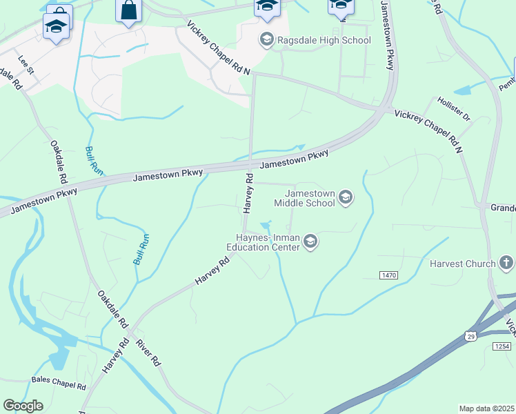 map of restaurants, bars, coffee shops, grocery stores, and more near 4807 Harvey Road in Jamestown