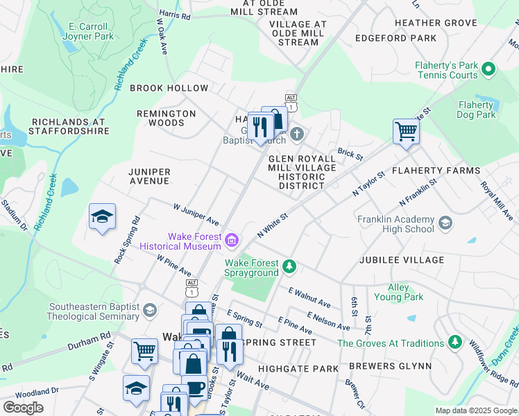 map of restaurants, bars, coffee shops, grocery stores, and more near 546 North Main Street in Wake Forest