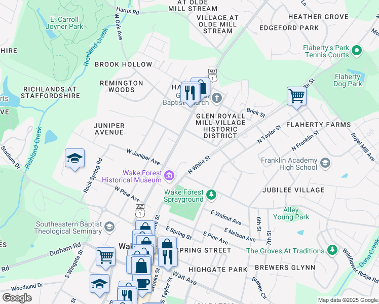 map of restaurants, bars, coffee shops, grocery stores, and more near 546 North Main Street in Wake Forest