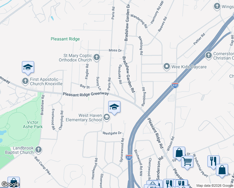 map of restaurants, bars, coffee shops, grocery stores, and more near 2228 Madison Road Northwest in Knoxville