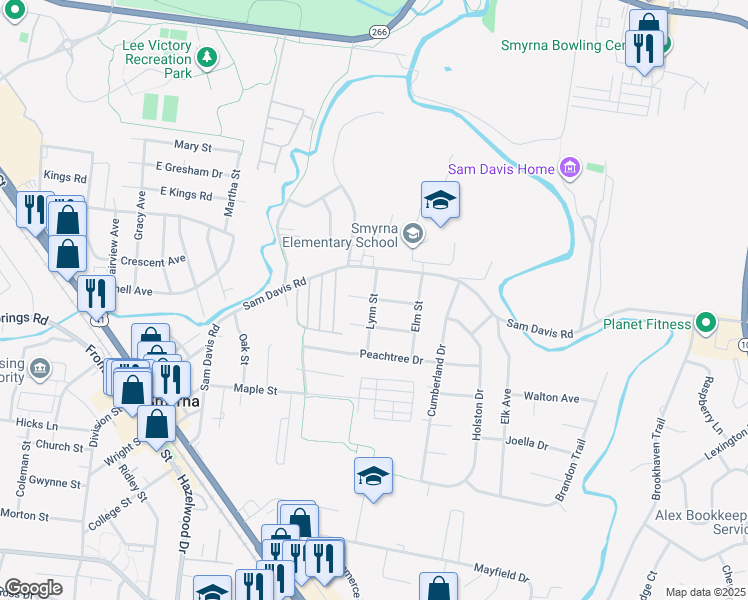 map of restaurants, bars, coffee shops, grocery stores, and more near 100 Sycamore Drive in Smyrna