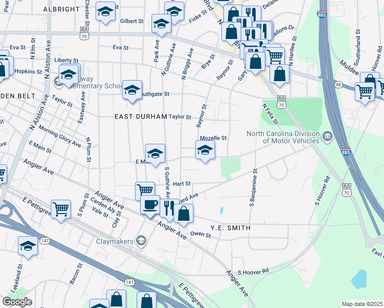 map of restaurants, bars, coffee shops, grocery stores, and more near 2311 East Main Street in Durham