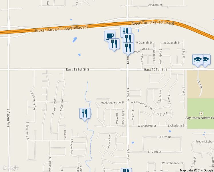 map of restaurants, bars, coffee shops, grocery stores, and more near 6800 South Elm Place in Broken Arrow