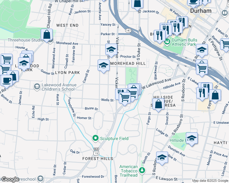 map of restaurants, bars, coffee shops, grocery stores, and more near 1308 Vickers Avenue in Durham