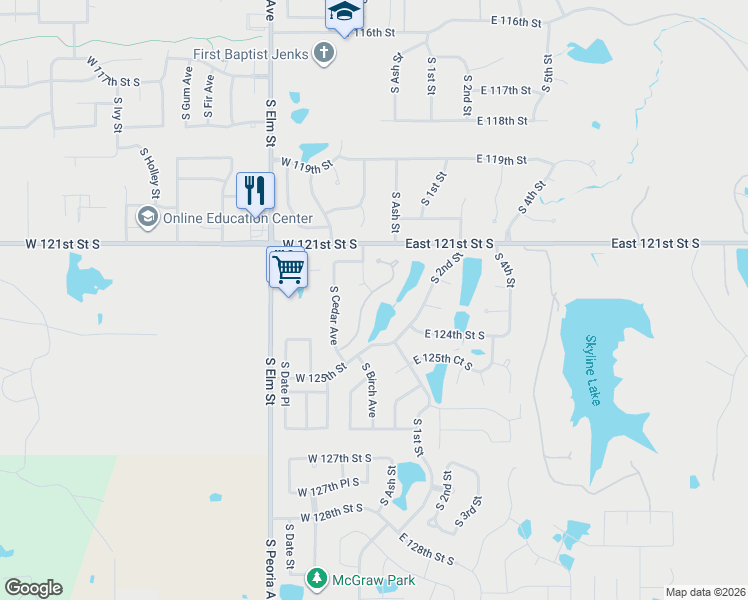 map of restaurants, bars, coffee shops, grocery stores, and more near 12209 South Ash Avenue in Jenks