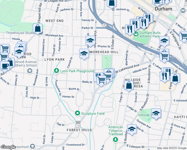 map of restaurants, bars, coffee shops, grocery stores, and more near 1308 Vickers Avenue in Durham