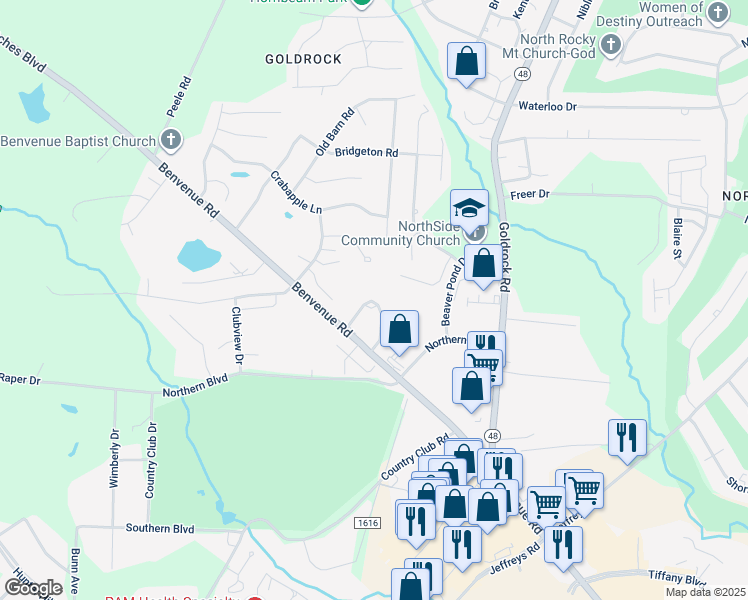 map of restaurants, bars, coffee shops, grocery stores, and more near 54 Sunset Drive in Rocky Mount