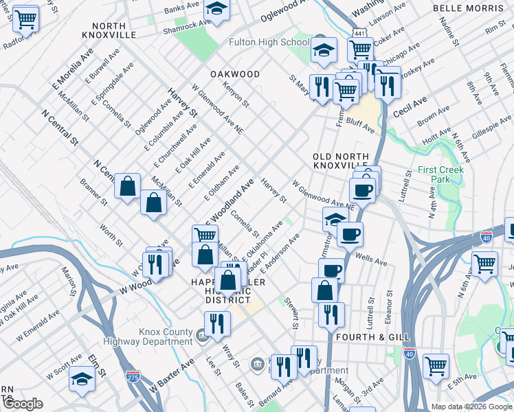 map of restaurants, bars, coffee shops, grocery stores, and more near 405 East Scott Avenue in Knoxville