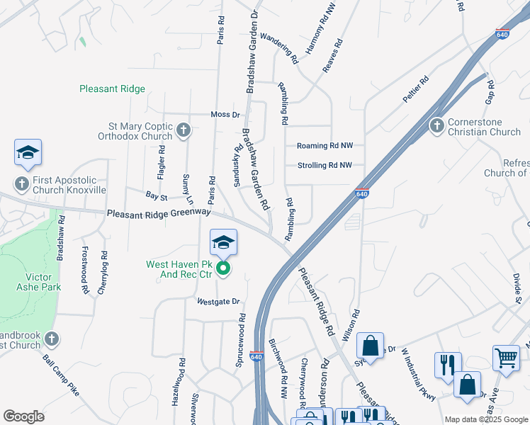 map of restaurants, bars, coffee shops, grocery stores, and more near 2219 Bradshaw Garden Road in Knoxville