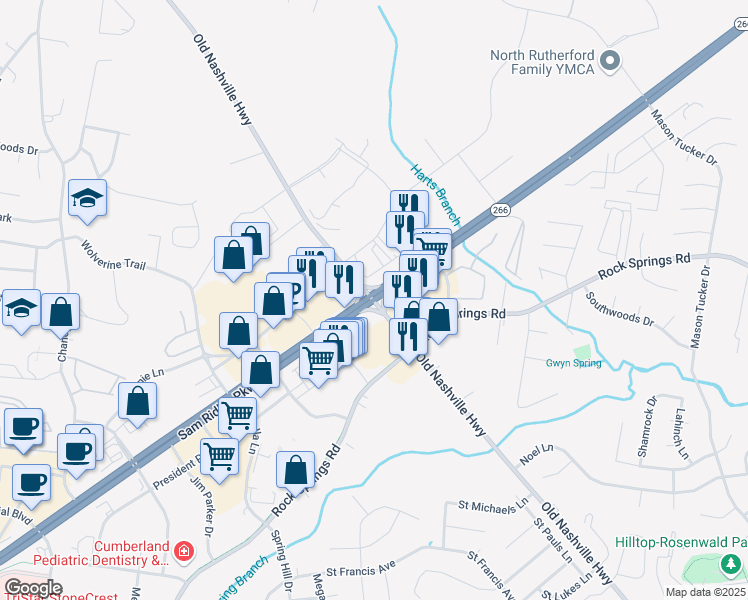 map of restaurants, bars, coffee shops, grocery stores, and more near Sam Ridley Pkwy W & Old Nashville Hwy in Smyrna