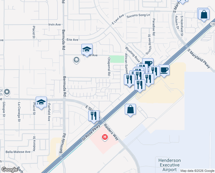 map of restaurants, bars, coffee shops, grocery stores, and more near 1135 Via Partito in Henderson