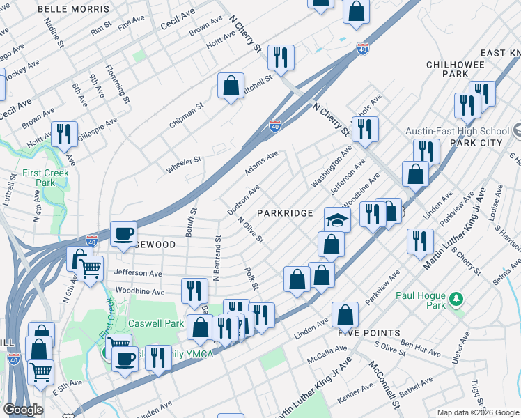 map of restaurants, bars, coffee shops, grocery stores, and more near 2313 East Glenwood Avenue in Knoxville