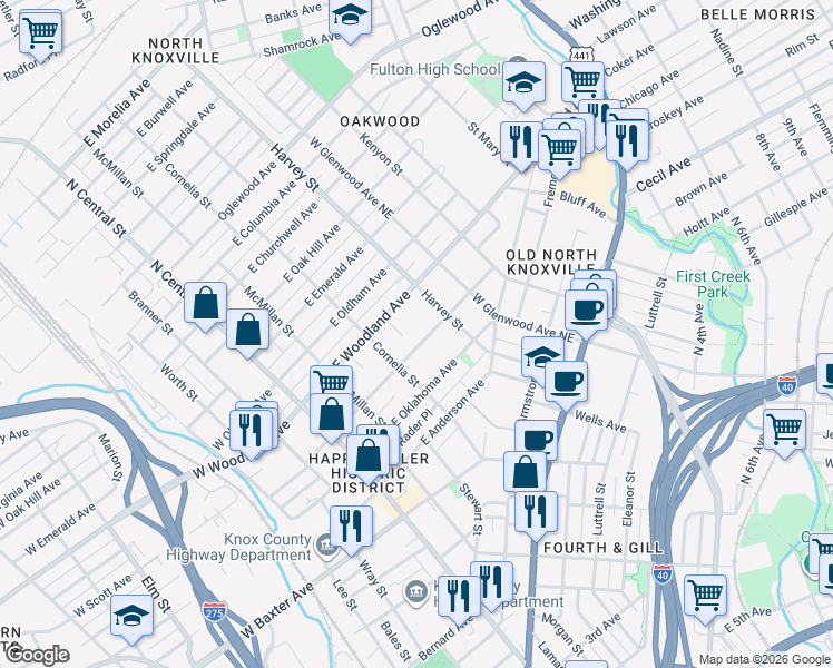 map of restaurants, bars, coffee shops, grocery stores, and more near 405 East Scott Avenue in Knoxville