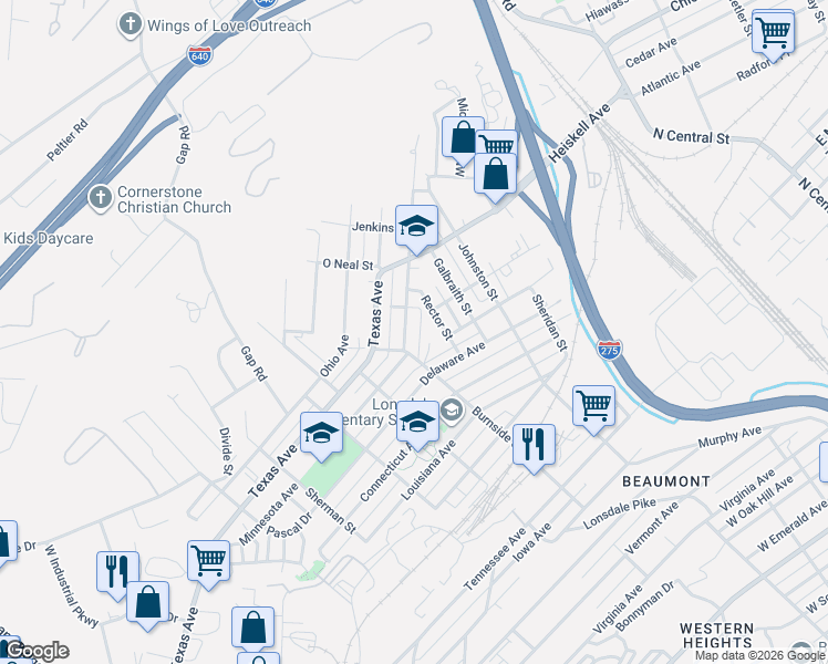 map of restaurants, bars, coffee shops, grocery stores, and more near 1218 Minnesota Avenue in Knoxville