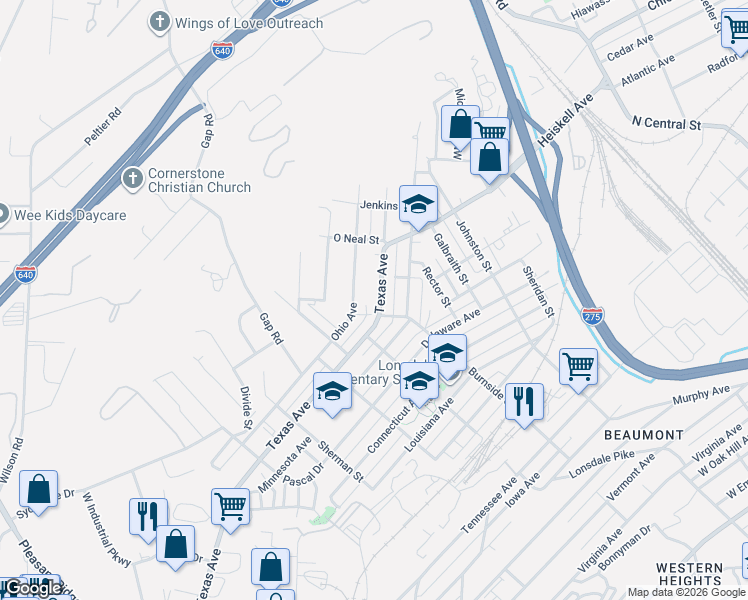 map of restaurants, bars, coffee shops, grocery stores, and more near 1219 Texas Avenue in Knoxville