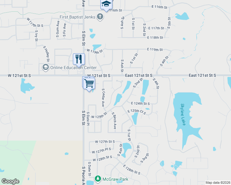 map of restaurants, bars, coffee shops, grocery stores, and more near 12209 South Ash Avenue in Jenks
