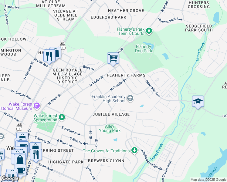 map of restaurants, bars, coffee shops, grocery stores, and more near 834 North Franklin Street in Wake Forest
