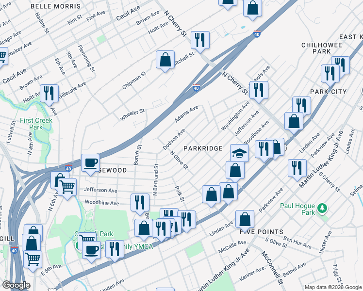 map of restaurants, bars, coffee shops, grocery stores, and more near 2313 East Glenwood Avenue in Knoxville
