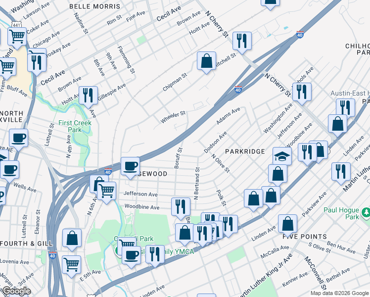 map of restaurants, bars, coffee shops, grocery stores, and more near 1340 Boruff Street in Knoxville