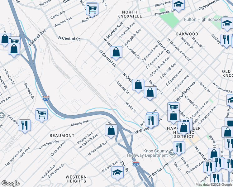 map of restaurants, bars, coffee shops, grocery stores, and more near 2098 Worth Street in Knoxville