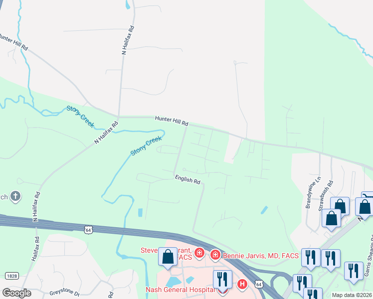 map of restaurants, bars, coffee shops, grocery stores, and more near 6900 Moss Creek Way in Rocky Mount