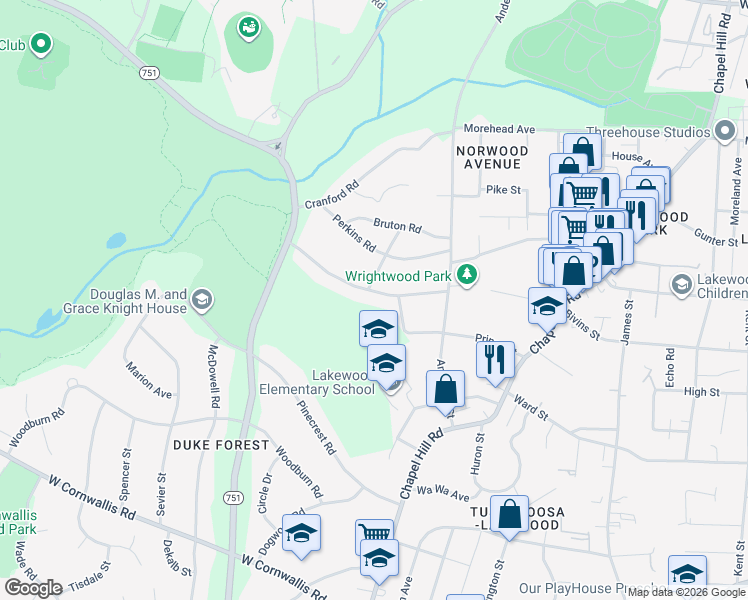 map of restaurants, bars, coffee shops, grocery stores, and more near 2433 Wrightwood Avenue in Durham