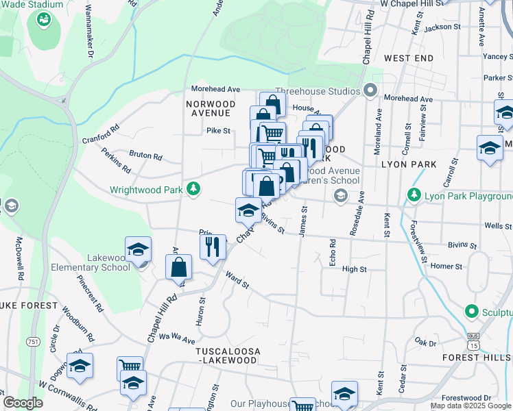 map of restaurants, bars, coffee shops, grocery stores, and more near 2022 Chapel Hill Road in Durham