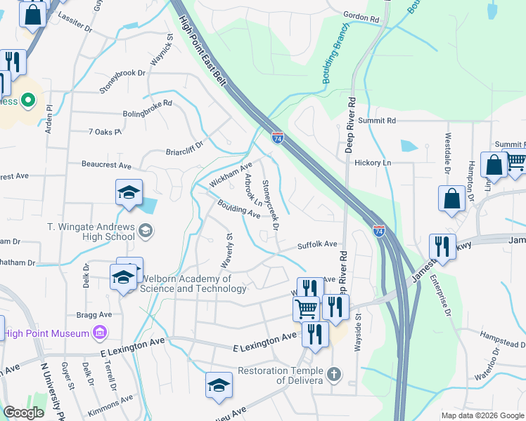 map of restaurants, bars, coffee shops, grocery stores, and more near 1923 Boulding Avenue in High Point