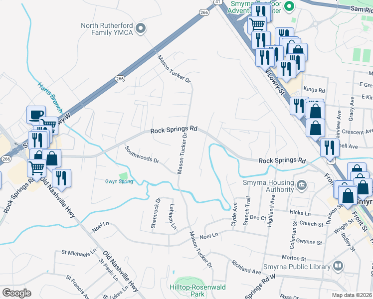 map of restaurants, bars, coffee shops, grocery stores, and more near 722 Mason Tucker Drive in Smyrna